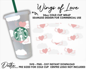 Flying Love Hearts Starbucks 24 oz Venti Cold Cup SVG PNG DXF Valentines Day Angel Wings Heart Romantic Love Cutting File Download