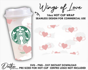 Wings Of Love Heart Starbucks Hot Cup SVG Valentines Day Hot Cup Svg PNG DXF Cutting File 16oz Grande Digital Download Love Heart Wrap