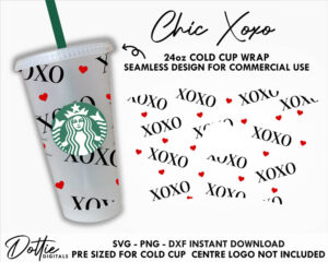 Chic Xoxo Starbucks Cold Cup SVG PNG DXF Hugs Kisses Valentines Day Romantic Hearts Cutting File 24oz Venti Cup Instant Digital Download