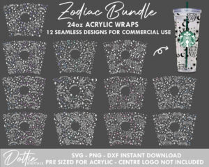 12 File SVG Bundle Zodiac Star Signs 24oz Starbucks Double Wall Acrylic Tumbler Wrap Svg Png Dxf Cutting File