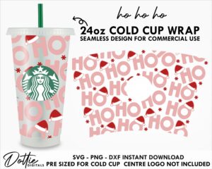 Ho Ho Ho Starbucks Cold Cup SVG PNG Dxf 24oz Venti Cup Coffee Tumbler Wrap Santa Hats