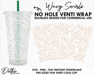 Wavy Swirls Design Starbucks Cold Cup No Hole SVG PNG DXF No Gap Full Wrap Cutting File 24oz Venti Cup