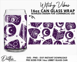 Witchy Vibes 16oz Glass Can Cut File SVG PNG Dxf 16oz Libbey Wrap Cup Ouija Board Spells Witch