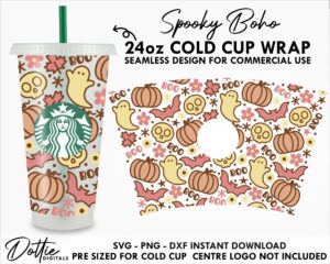 Halloween Spooky Boho Boo Starbucks Cold Cup SVG PNG Dxf 24oz Venti Cup Coffee Tumbler Wrap Halloween