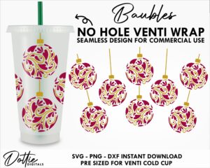 Ornate Christmas Baubles Starbucks Cold Cup No Hole SVG PNG DXF No Gap Full Wrap Cutting File 24oz Venti