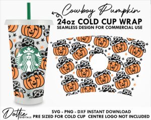 Cowboy Pumpkins Halloween Starbucks Cold Cup SVG PNG Dxf 24oz Venti Cup Coffee Tumbler Wrap Halloween
