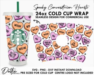 Halloween Spooky Love Hearts Starbucks Cold Cup SVG PNG Dxf 24oz Venti Cup Coffee Tumbler Wrap Halloween