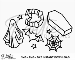 Spooky Collection SVG PNG DXF Cutting Craft File Halloween Ghost Coffin Fangs Bat Cobweb