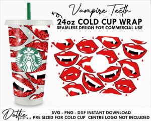 Halloween Vampire Teeth Starbucks Cold Cup SVG PNG Dxf 24oz Venti Coffee Tumbler Vector Wrap