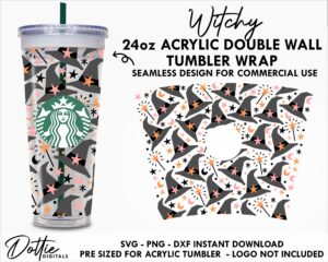 Halloween Wicked Witch's Hat Starbucks Double Wall 24oz Acrylic Tumbler SVG PNG DXF CutFile Cup