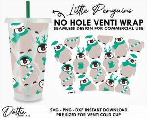 Cute Winter Penguins Starbucks Cold Cup No Hole Gap SVG PNG DXF Full Wrap Cutting File 24oz Venti