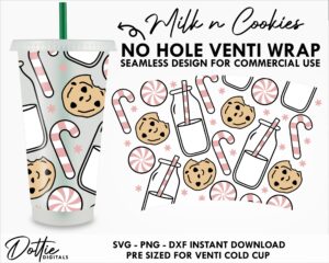 Christmas Milk And Cookies Starbucks Cold Cup No Hole SVG PNG DXF No Gap Full Wrap Cutting File 24oz Venti Pink Design
