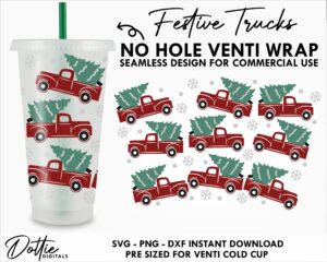 Festive Trucks Starbucks Cold Cup No Hole Gap SVG PNG DXF Full Wrap Cutting File 24oz Venti