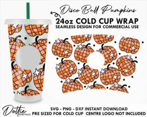 Halloween Pumpkin Disco Ball Starbucks Cold Cup SVG PNG Dxf 24oz Venti Coffee Tumbler Vector Wrap