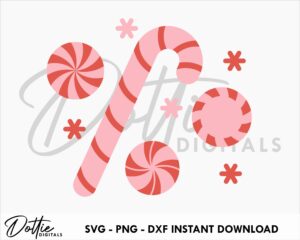 Festive Peppermints and Candy Cane SVG PNG DXF Sublimation Sticker Cutting Craft File Cricut Silhouette