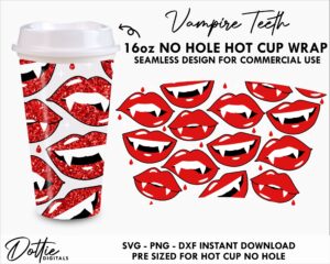 Halloween Vampire Teeth Starbucks No Hole Hot Cup SVG PNG DXF Cutting File 16oz Grande Instant Digital Download Coffee