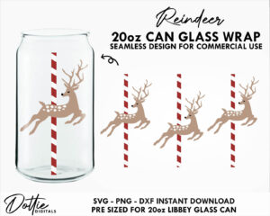 Christmas Reindeer Libbey Glass Can SVG 20oz Wrap PNG DXF Large Cup