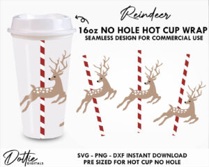 Christmas Reindeer Starbucks No Hole Hot Cup SVG PNG DXF Cutting File 16oz Grande
