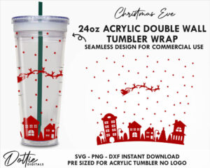 Christmas Eve Festive Sky Line No Hole Gap Starbucks Double Wall 24oz Acrylic Tumbler SVG PNG DXF CutFile Cup