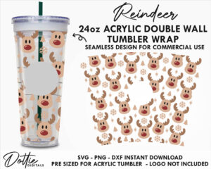 Cute Rudolph Reindeer Faces Starbucks Double Wall 24oz Acrylic Tumbler SVG PNG DXF CutFile Cup