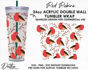 Festive Holly and Robins No Hole Gap Starbucks Double Wall 24oz Acrylic Tumbler SVG PNG DXF CutFile Cup