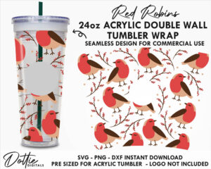 Festive Holly and Robins Starbucks Double Wall 24oz Acrylic Tumbler SVG PNG DXF CutFile Cup