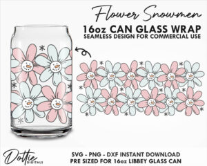 Flower Snowmen 16oz Glass Can Cut File SVG PNG Dxf Libbey Wrap Cup