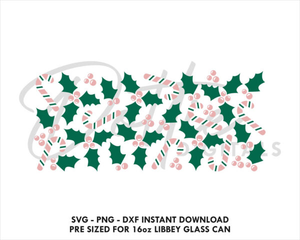 Pink Candy Canes and Jolly Holly Libbey Glass Wrap SVG 16oz Can PNG DXF Design Cut File - Image 2