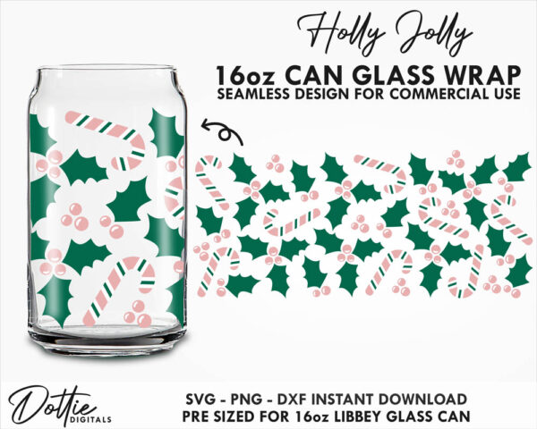 Pink Candy Canes and Jolly Holly Libbey Glass Wrap SVG 16oz Can PNG DXF Design Cut File