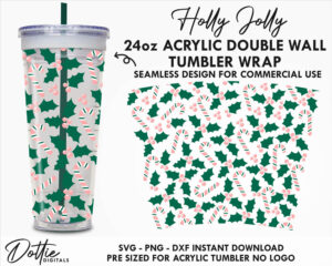 Pink Candy Canes and Jolly Holly No Hole Gap Starbucks Double Wall 24oz Acrylic Tumbler SVG PNG DXF CutFile Cup