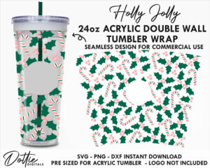 Pink Candy Canes and Jolly Holly Starbucks Double Wall 24oz Acrylic Tumbler SVG PNG DXF CutFile Cup