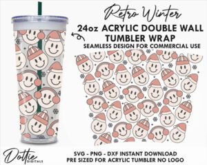 Retro Winter Faces No Hole Starbucks Double Wall 24oz Acrylic Tumbler SVG PNG DXF CutFile Cup