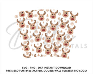 Rudolph Red Nose Reindeer Faces No Hole Starbucks Double Wall 24oz Acrylic Tumbler SVG PNG DXF CutFile Cup