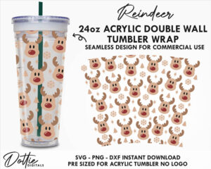 Rudolph Red Nose Reindeer Faces No Hole Starbucks Double Wall 24oz Acrylic Tumbler SVG PNG DXF CutFile Cup