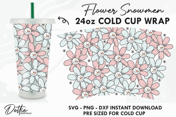 Snowmen Flowers Starbucks Cold Cup No Hole SVG PNG DXF No Gap Full Wrap Cutting File 24oz Venti