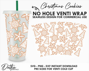 Christmas Sugar Cookies Starbucks Cold Cup No Hole Gap SVG PNG DXF Full Wrap Cutting File 24oz Venti