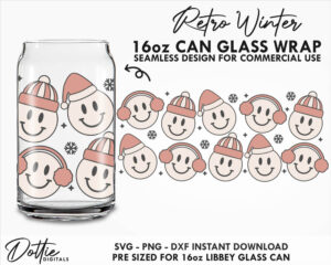 Winter Faces 16 oz Glass Can Cut File SVG PNG Dxf 16oz Libbey Wrap Cup