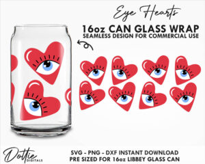 Love Heart Eyes Pattern 16 oz Glass Can Cut File SVG PNG Dxf 16oz Libbey Wrap Cup