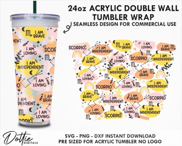 Scorpio Star Sign Affirmations 24oz Starbucks No Hole Double Wall Acrylic Tumbler Wrap SVG
