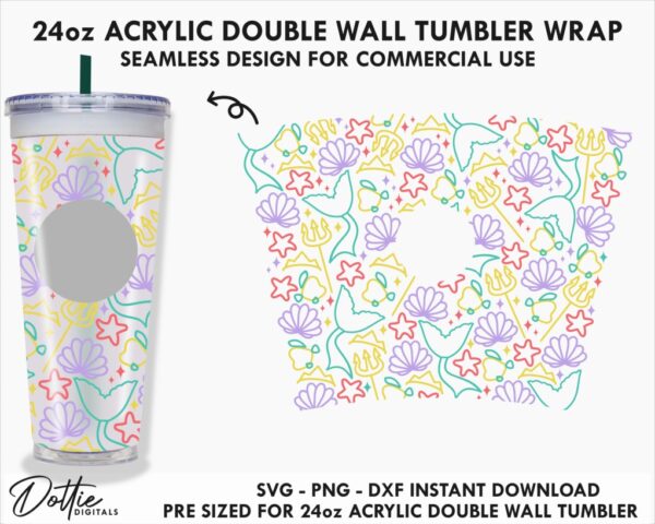 Mermaid 24oz Starbucks Double Wall Acrylic Tumbler Wrap SVG