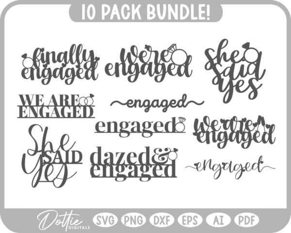 Engagement Cake Toppers 10 Design Pack Bundle - SVG PNG DXF EPS AI PDF - Cutting & Printing Files - Image 3
