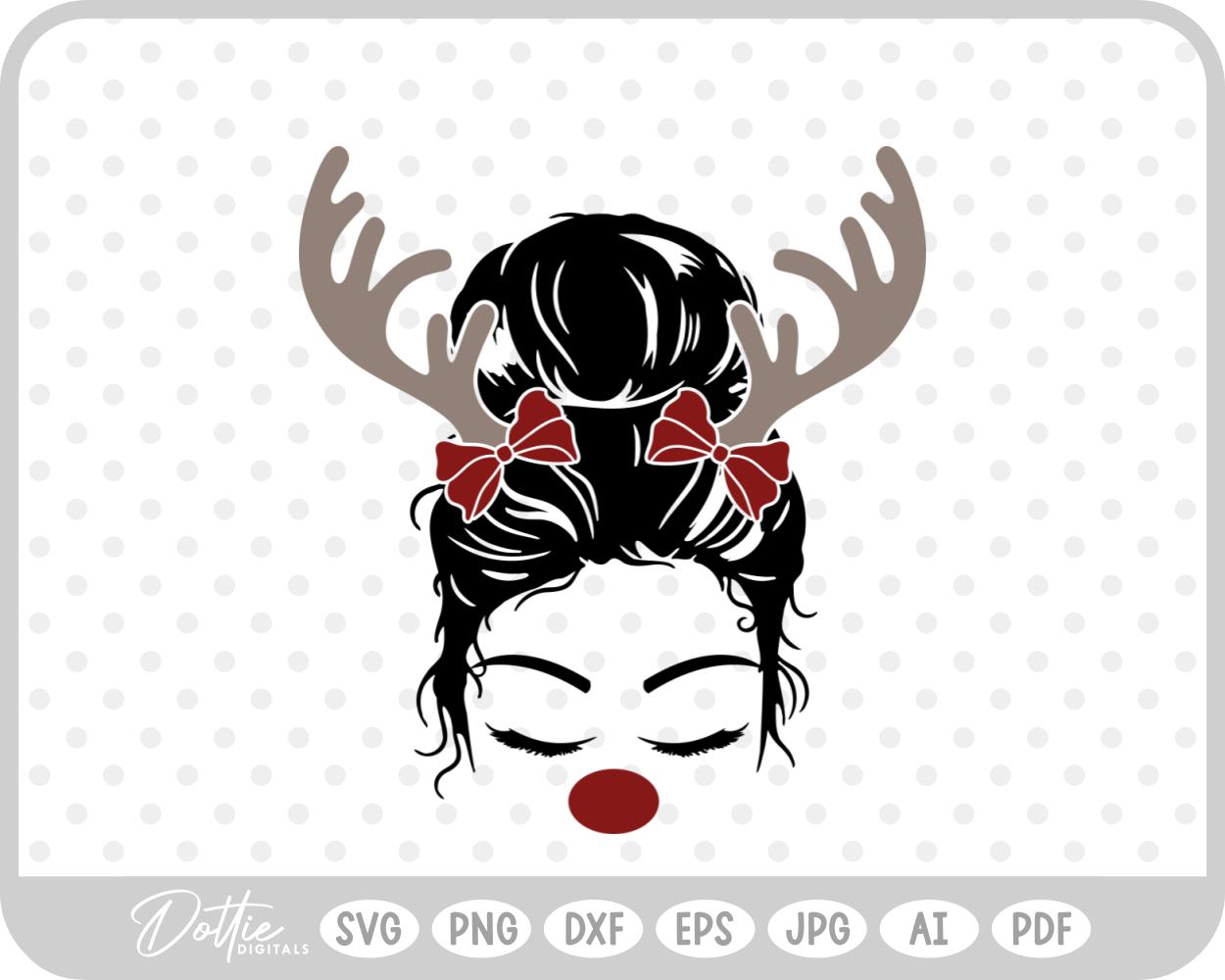 Mom Christmas Messy Bun Girl Quote Festive Reindeer  SVG PNG DXF – Cricut Silhouette Cutting File