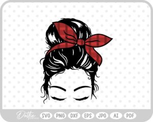 Messy Bun Hair Plaid Headband Tie Bow Eyelashes Christmas SVG PNG DXF – Cricut Silhouette Cutting File