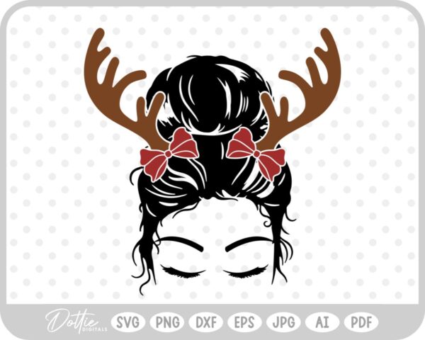 Mom Christmas Messy Bun Antler Bows Girl Festive SVG PNG DXF – Cricut Silhouette Cutting File