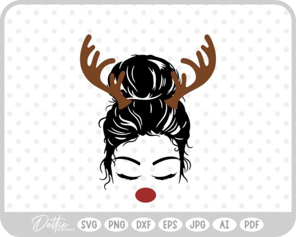 Mom Christmas Messy Bun Antler Bows Girl Festive Red Nose SVG PNG DXF – Cricut Silhouette Cutting File