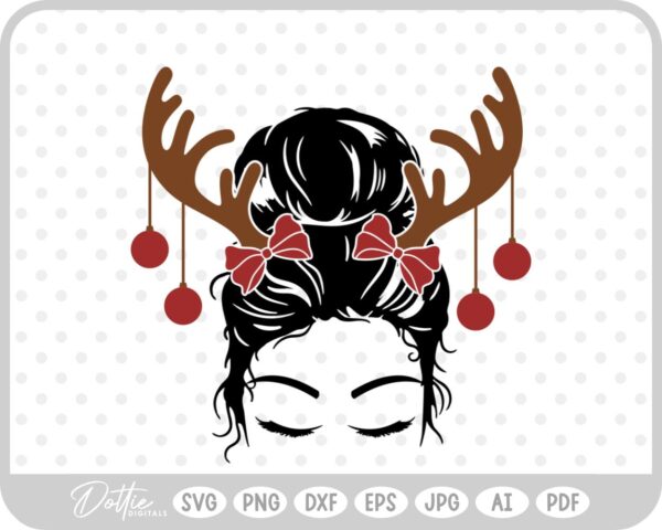 Reindeer Baubles Messy Bun Christmas Girl Mom Antler Bows SVG PNG DXF – Cricut Silhouette Cutting File