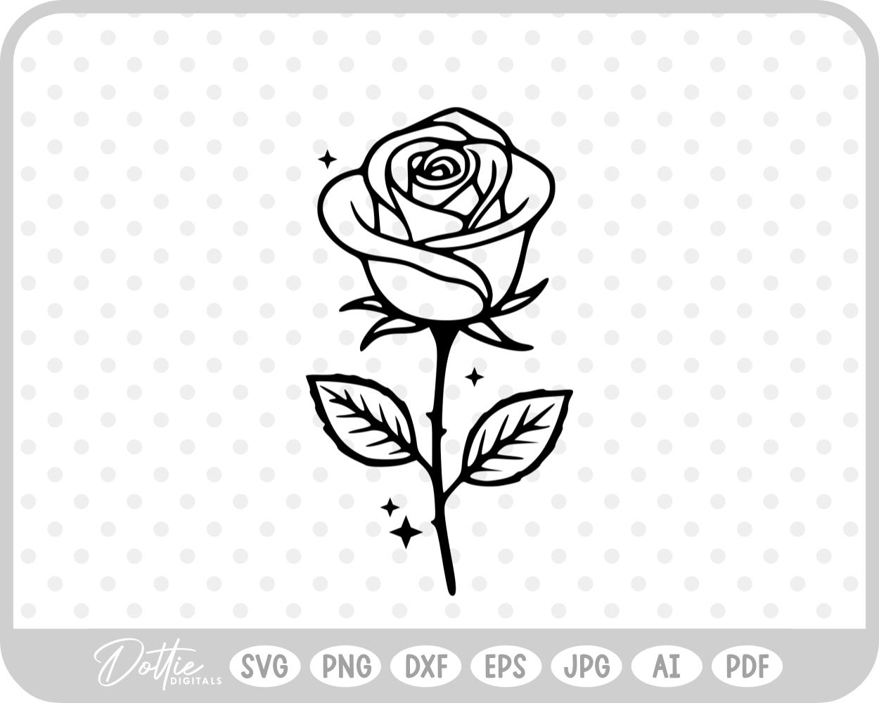 Outline of Rose Flower Stem Leaves SVG PNG DXF – Cricut Silhouette Cutting File