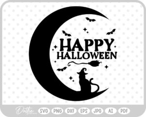 Happy Halloween Moon Cat Witch Bat Spooky SVG PNG DXF – Cricut Silhouette Cutting File