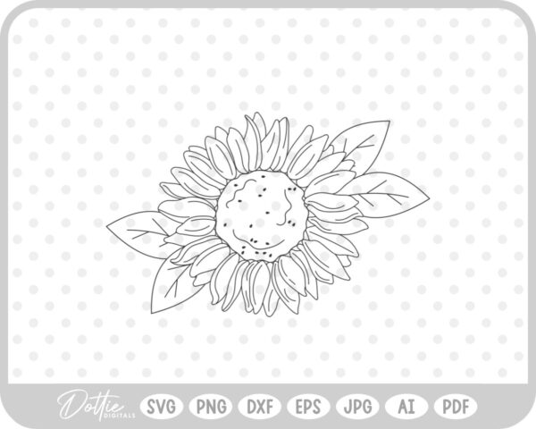 Sunflower Line Drawing With Leaves SVG PNG DXF – Cricut Silhouette Cutting File